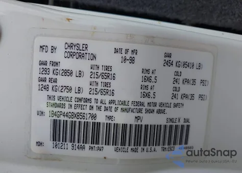 1999 Dodge Grand Caravan Se from USA, damaged, VIN 1B4GP44G8XB561700